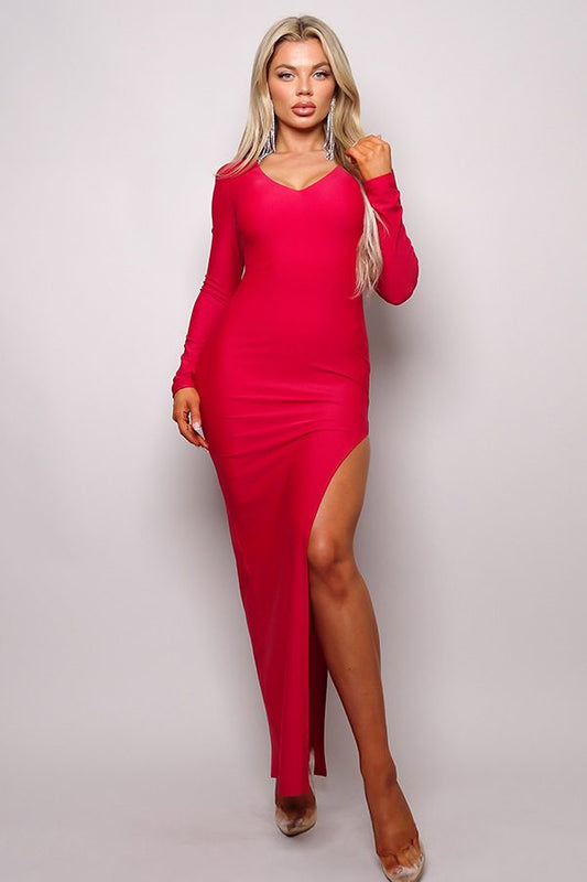 Women's Long Sleeve V Neck Open Back Maxi Dress
