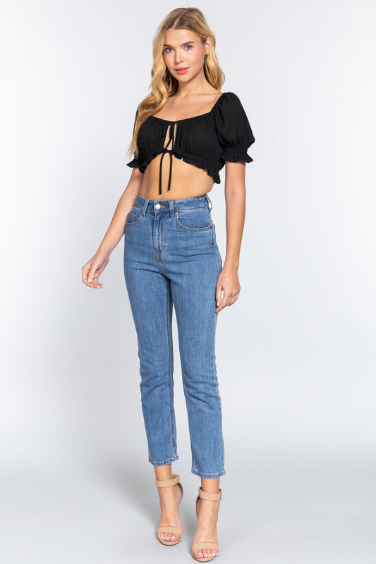 Women's Short Sleeve Print Crop Woven Top