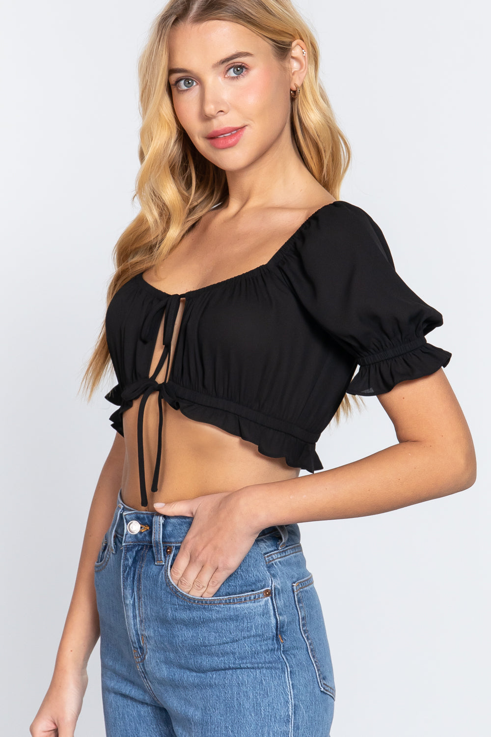 Women's Short Sleeve Print Crop Woven Top
