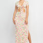 Women's Front Knot Floral Top & Ruched Maxi Skirts Set