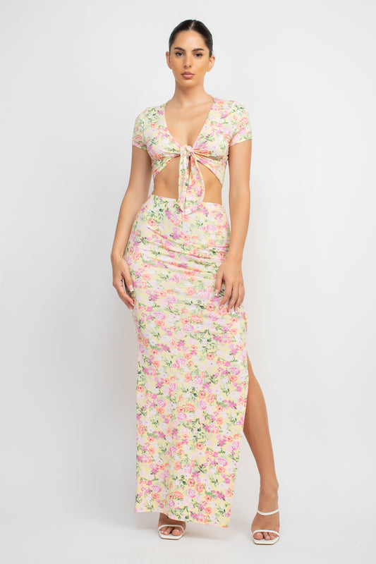 Women's Front Knot Floral Top & Ruched Maxi Skirts Set