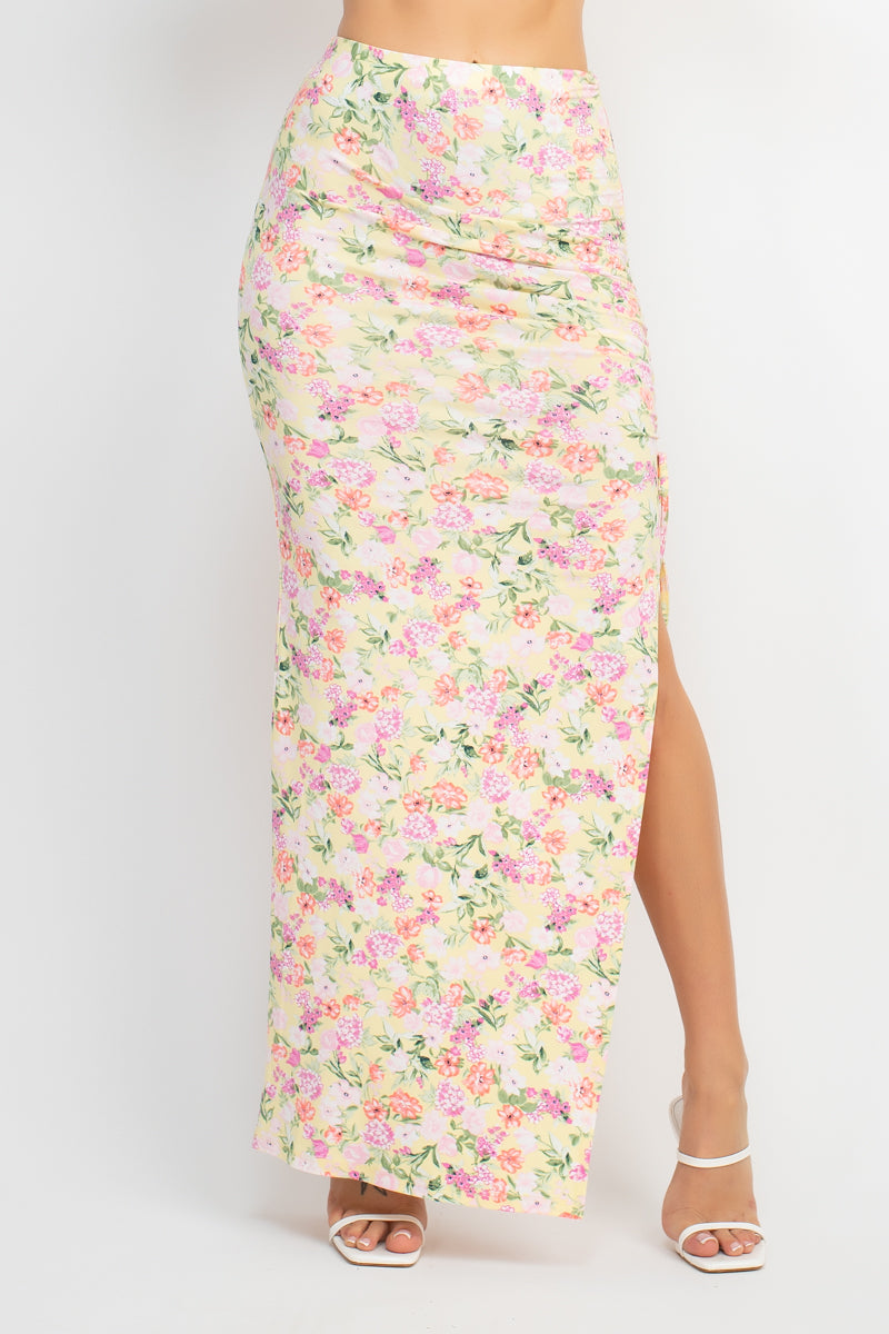 Women's Front Knot Floral Top & Ruched Maxi Skirts Set