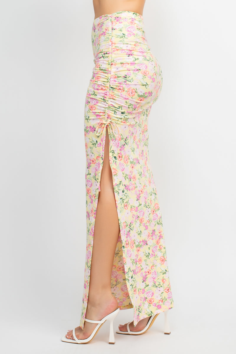 Women's Front Knot Floral Top & Ruched Maxi Skirts Set