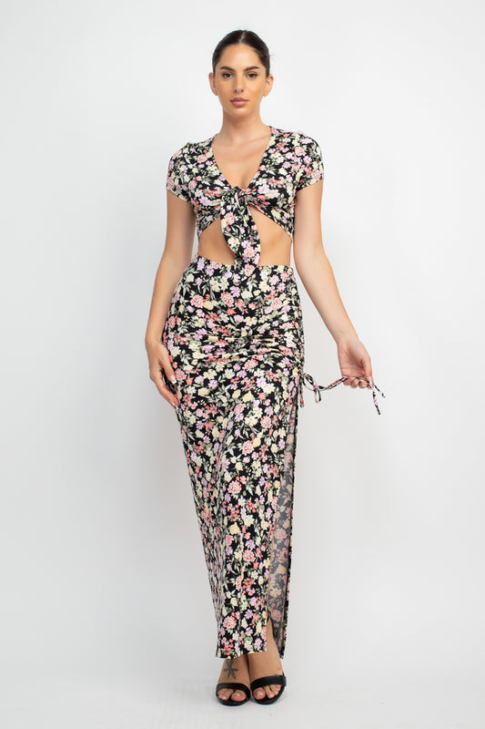 Women's Front Knot Floral Top & Ruched Maxi Skirts Set