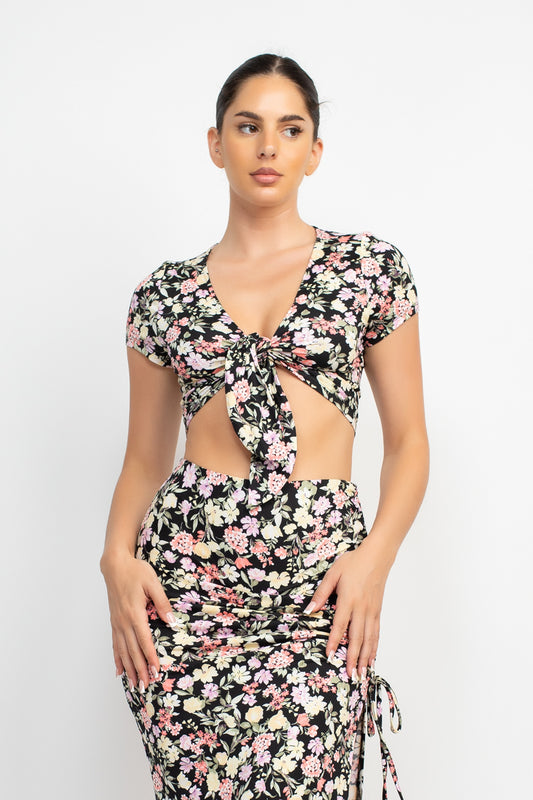 Women's Front Knot Floral Top & Ruched Maxi Skirts Set
