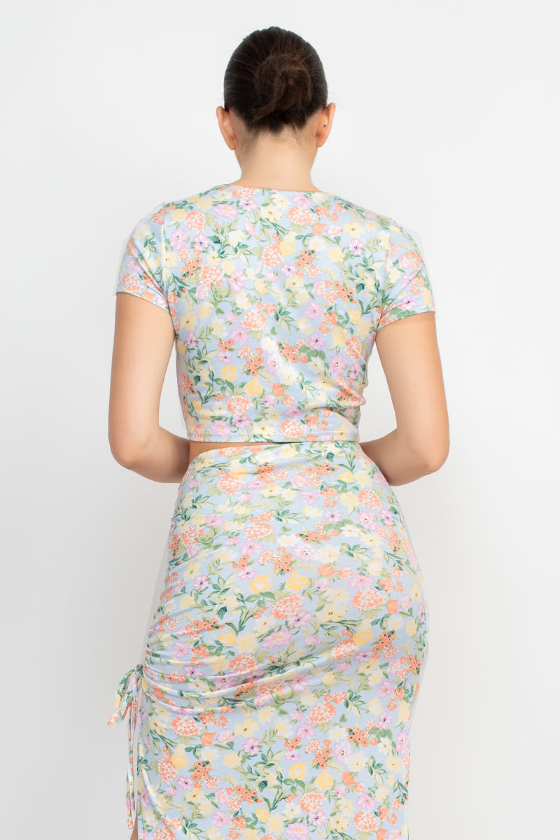 Women's Front Knot Floral Top & Ruched Maxi Skirts Set