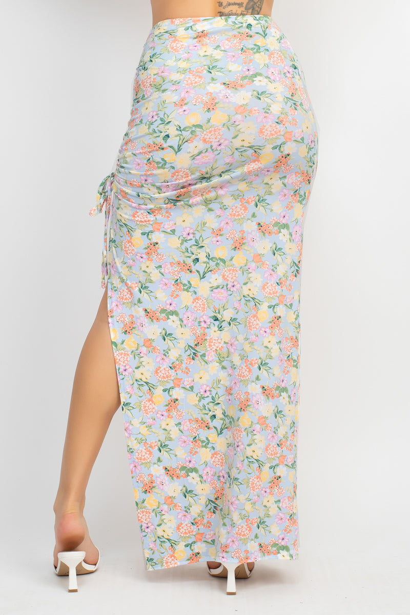 Women's Front Knot Floral Top & Ruched Maxi Skirts Set