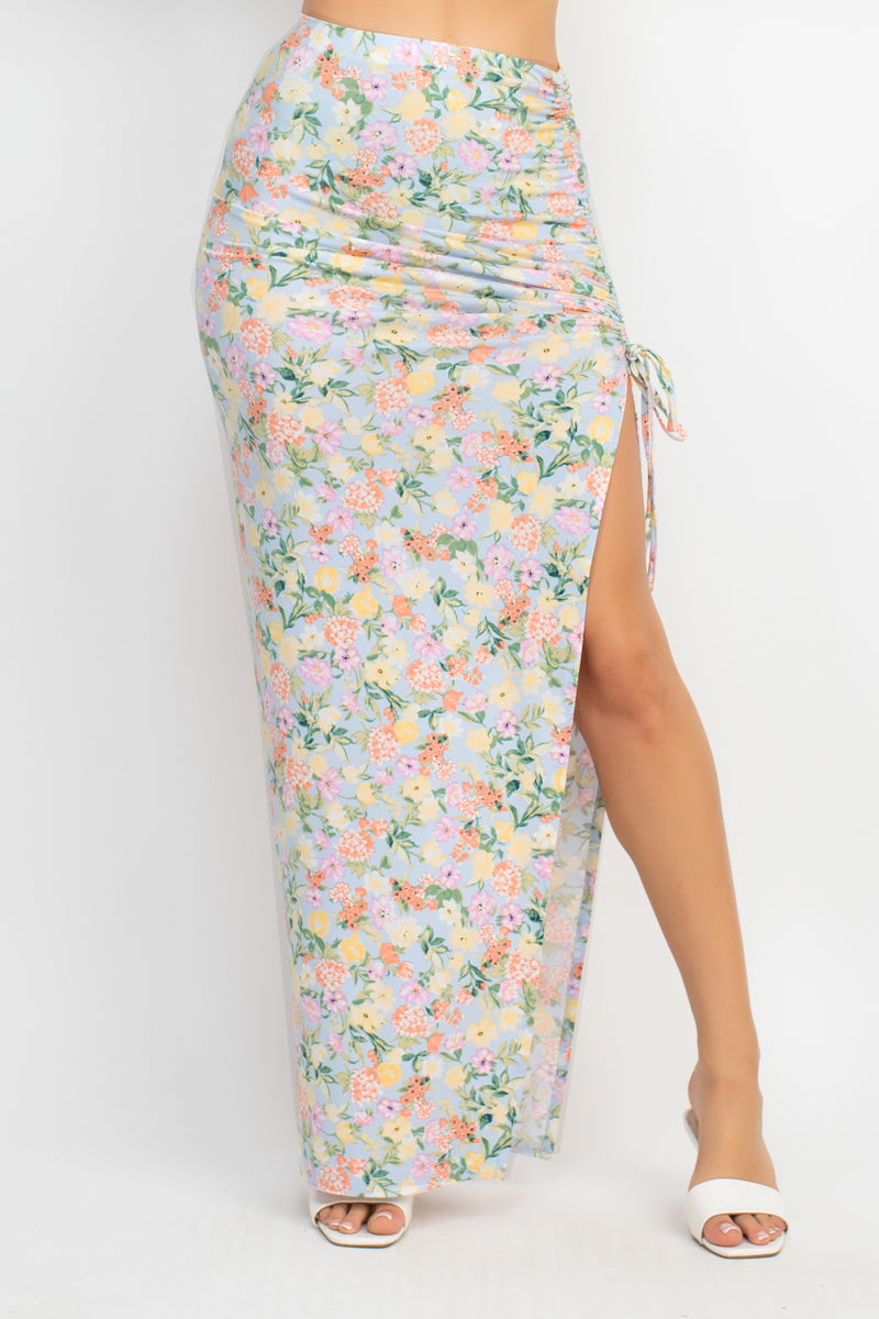 Women's Front Knot Floral Top & Ruched Maxi Skirts Set