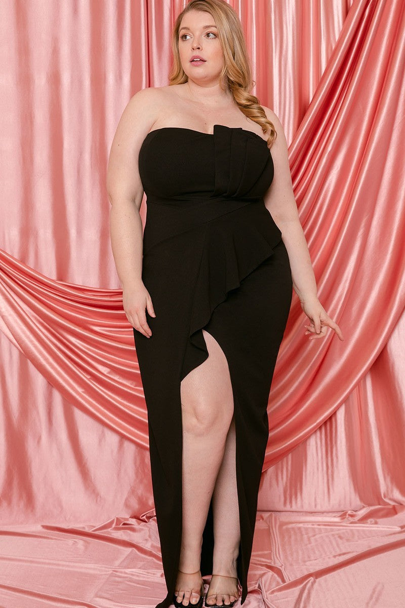 Women's Plus Pleated Tube Top High Split Plus Maxi Dress