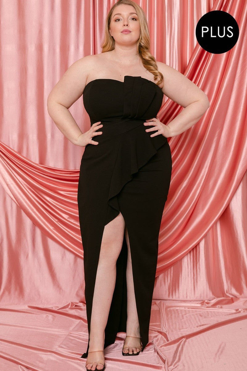 Women's Plus Pleated Tube Top High Split Plus Maxi Dress