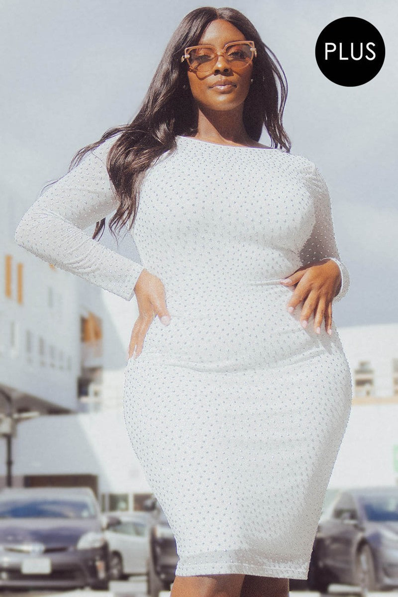 Women's Sparkling Translucent Silver Rhinestone Plus Size Mid-length Dress