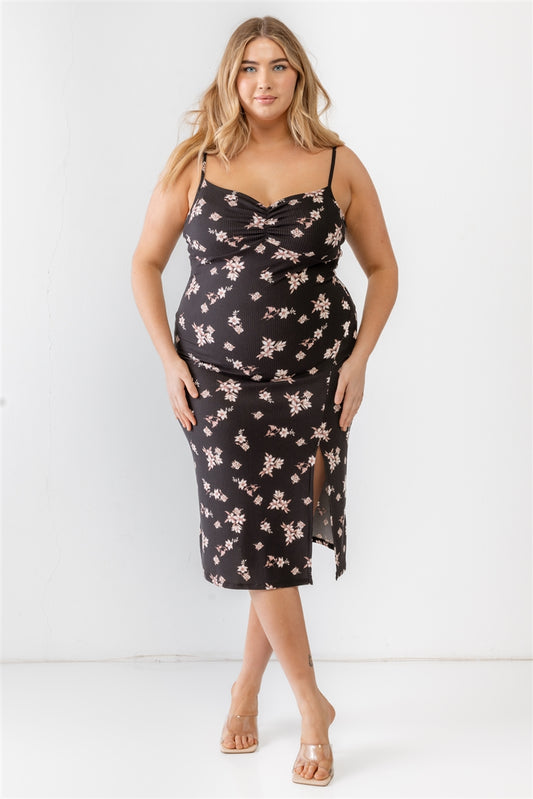 Women's Plus Floral Ribbed Ruched Sleeveless Midi Dress