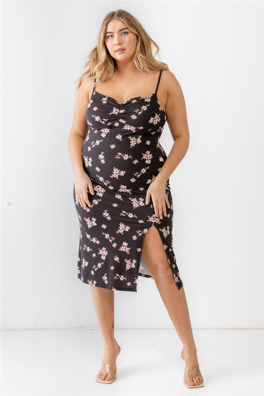 Women's Plus Floral Ribbed Ruched Sleeveless Midi Dress