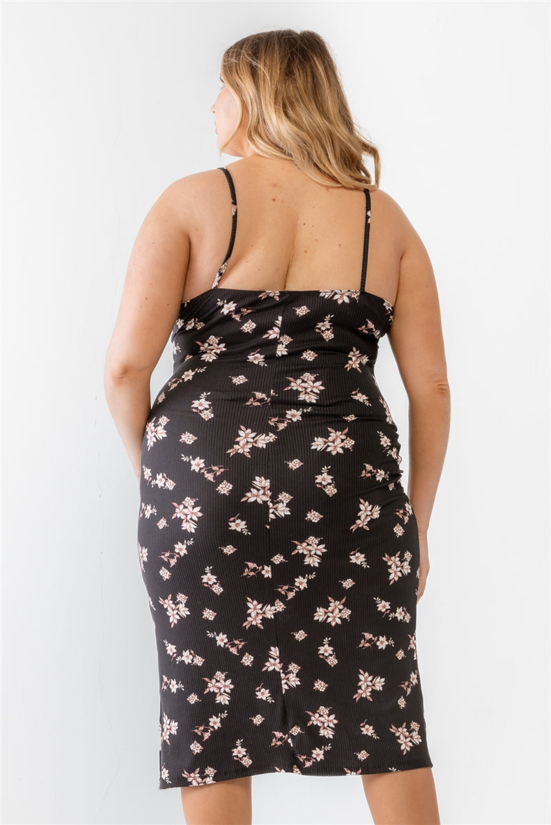 Women's Plus Floral Ribbed Ruched Sleeveless Midi Dress