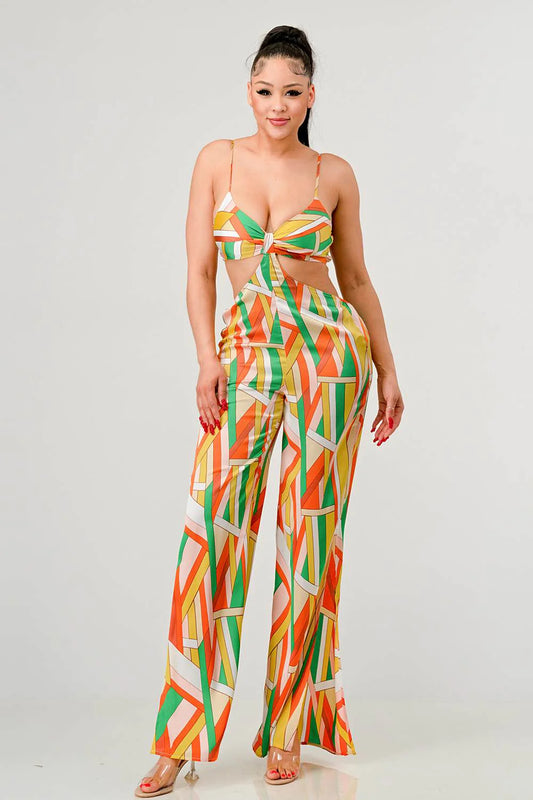 Women's Luxe Geo Print Satin Bra Top and Palazzo Jumpsuit