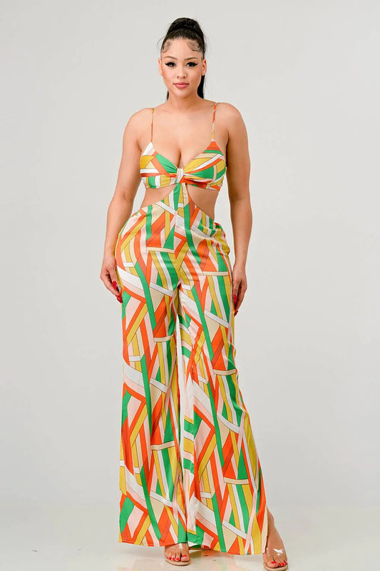 Women's Luxe Geo Print Satin Bra Top and Palazzo Jumpsuit