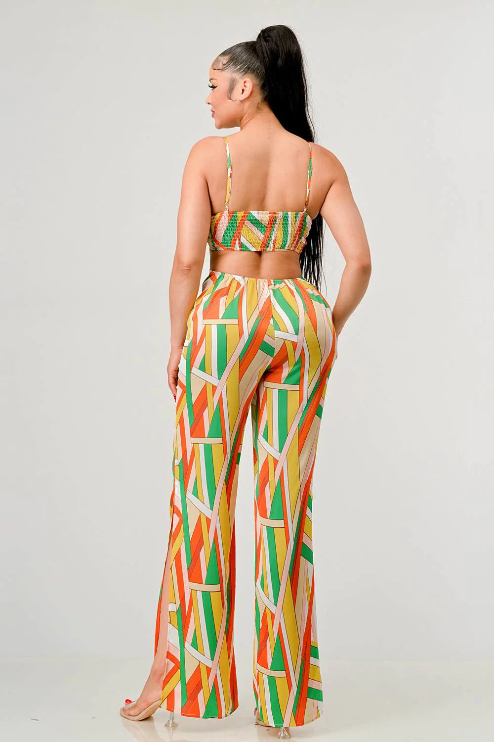 Women's Luxe Geo Print Satin Bra Top and Palazzo Jumpsuit