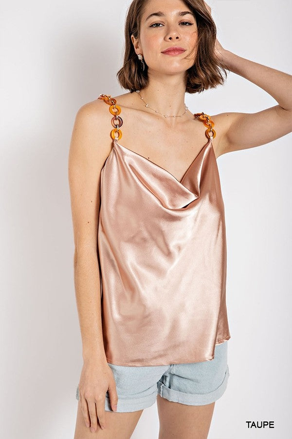 Women's Cow Neck Satin Camisole with Chain Strap