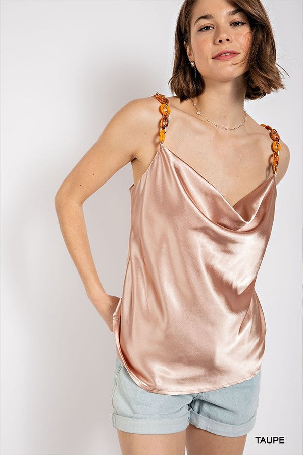 Women's Cow Neck Satin Camisole with Chain Strap