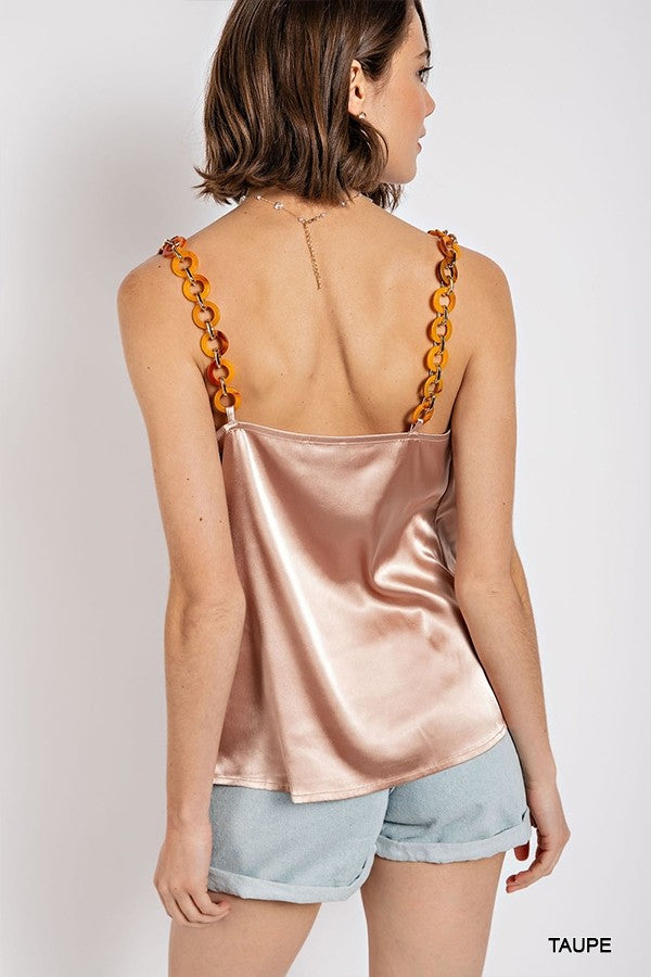 Women's Cow Neck Satin Camisole with Chain Strap