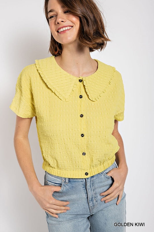 Women's Peter Pan Collar Textured Knit Button Down Top