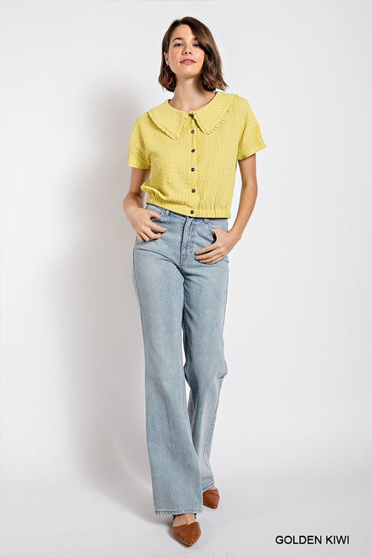 Women's Peter Pan Collar Textured Knit Button Down Top