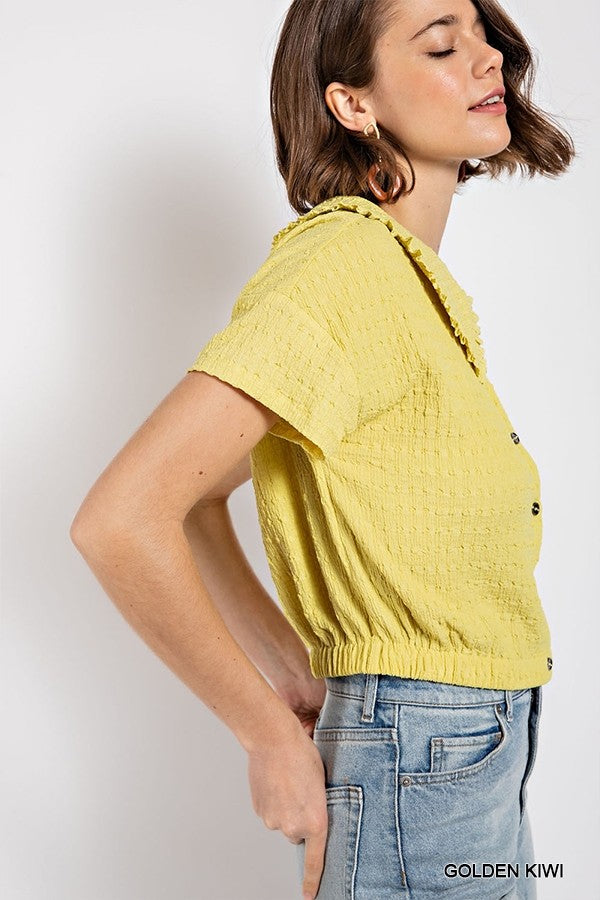 Women's Peter Pan Collar Textured Knit Button Down Top