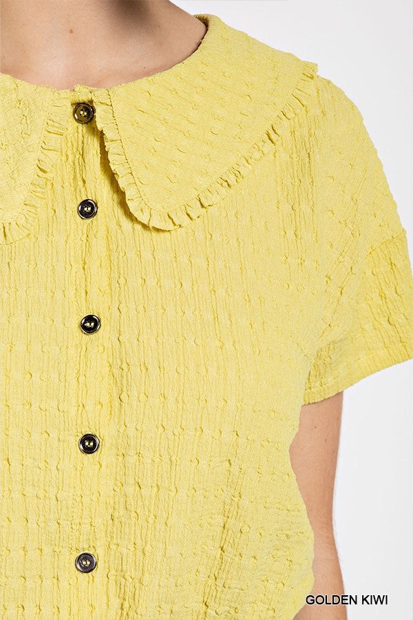 Women's Peter Pan Collar Textured Knit Button Down Top