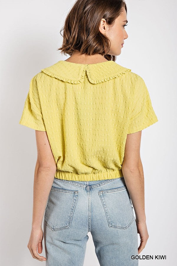 Women's Peter Pan Collar Textured Knit Button Down Top