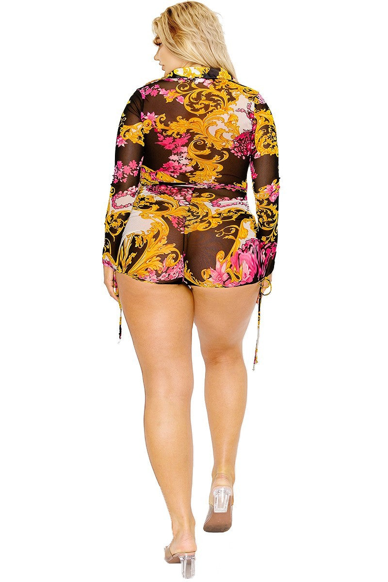 Women's Plus Gold & Floral Pattern Print Blouse