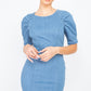 Women's Puff Sleeve Seamed Denim Jean Dress