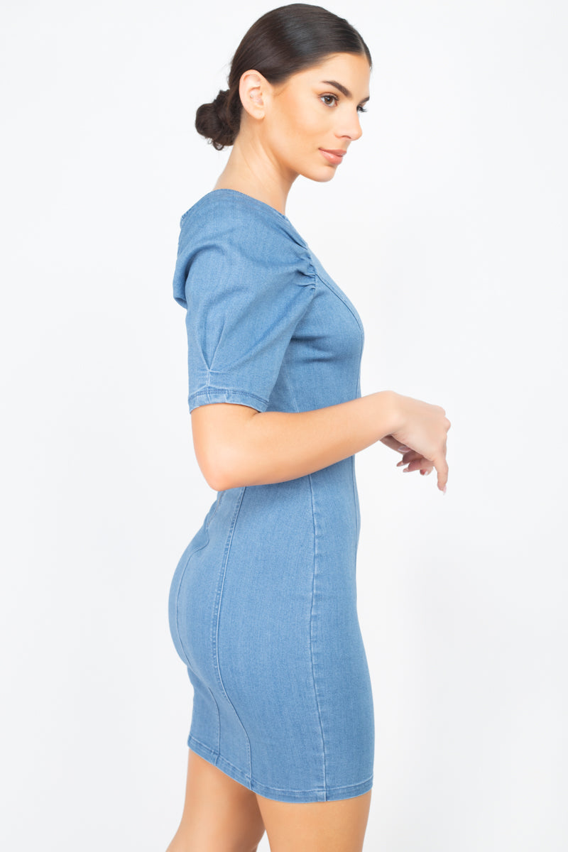 Women's Puff Sleeve Seamed Denim Jean Dress