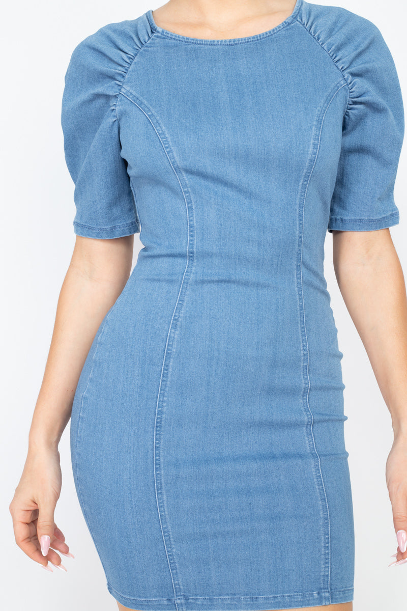 Women's Puff Sleeve Seamed Denim Jean Dress