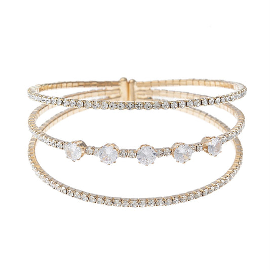 Women's Rhinestone Cubic Zirconia 3line 1row Round Cuff Bracelet
