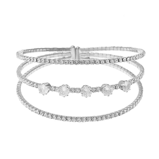 Women's Rhinestone Cubic Zirconia 3line 1row Round Cuff Bracelet