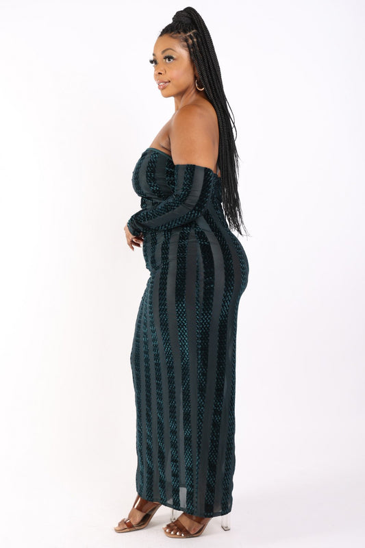 Women's Striped Velvet Plus Off Shoulder Dress