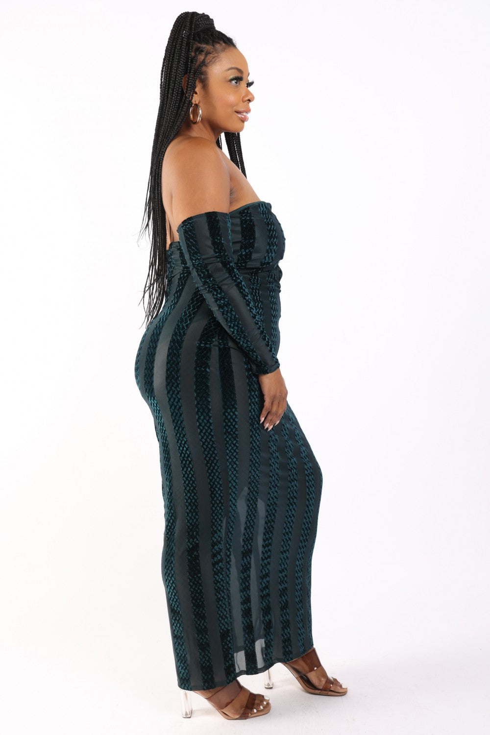 Women's Striped Velvet Plus Off Shoulder Dress