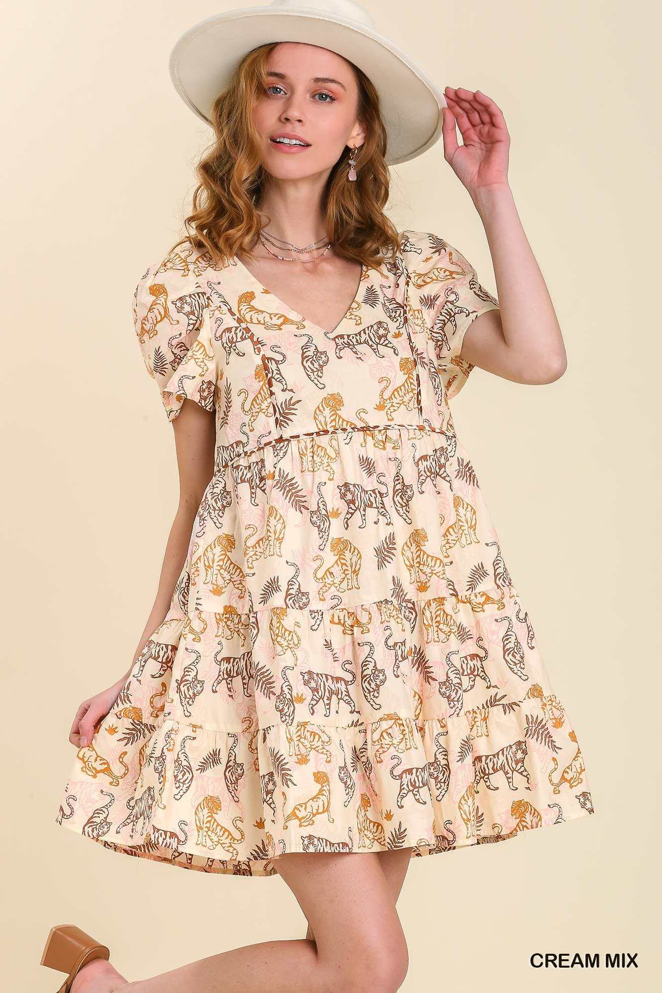 Women's Animal Print V-neck Short Sleeve Dress With Piping Detail No LiningWomen's
