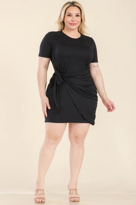 Women's Plus Size Solid Wrap Front Tie Side Short Sleeve Mini Dress (1X & 3X Only)