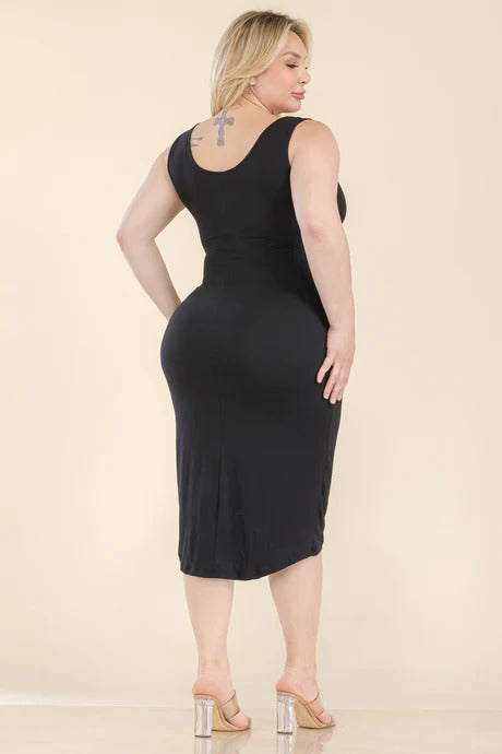 Women's Plus Size Solid Wrap Front Tie Side Midi Dress