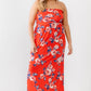 Women's Plus Red Rose Print Ruched Strapless Midi Dress