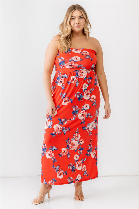 Women's Plus Red Rose Print Ruched Strapless Midi Dress