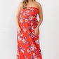 Women's Plus Red Rose Print Ruched Strapless Midi Dress