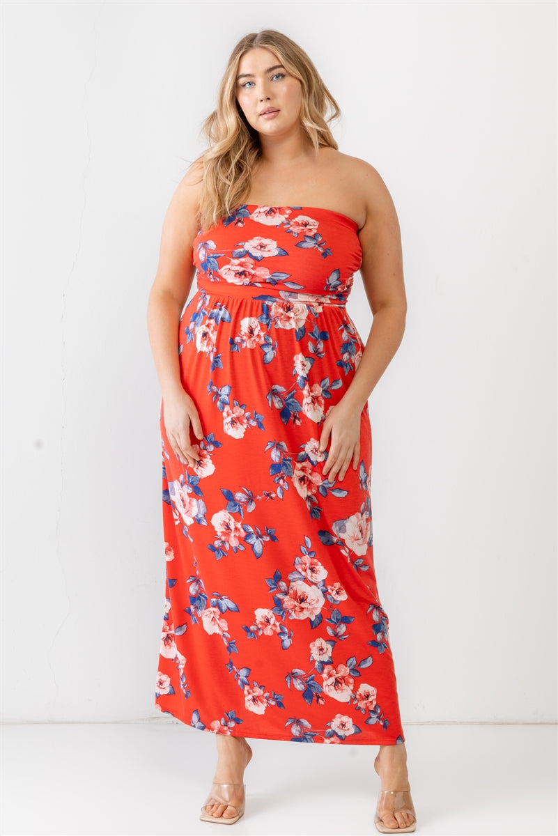 Women's Plus Red Rose Print Ruched Strapless Midi Dress