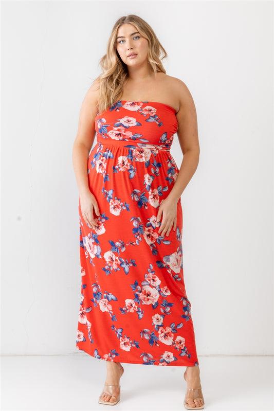 Women's Plus Red Rose Print Ruched Strapless Midi Dress