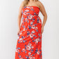 Women's Plus Red Rose Print Ruched Strapless Midi Dress