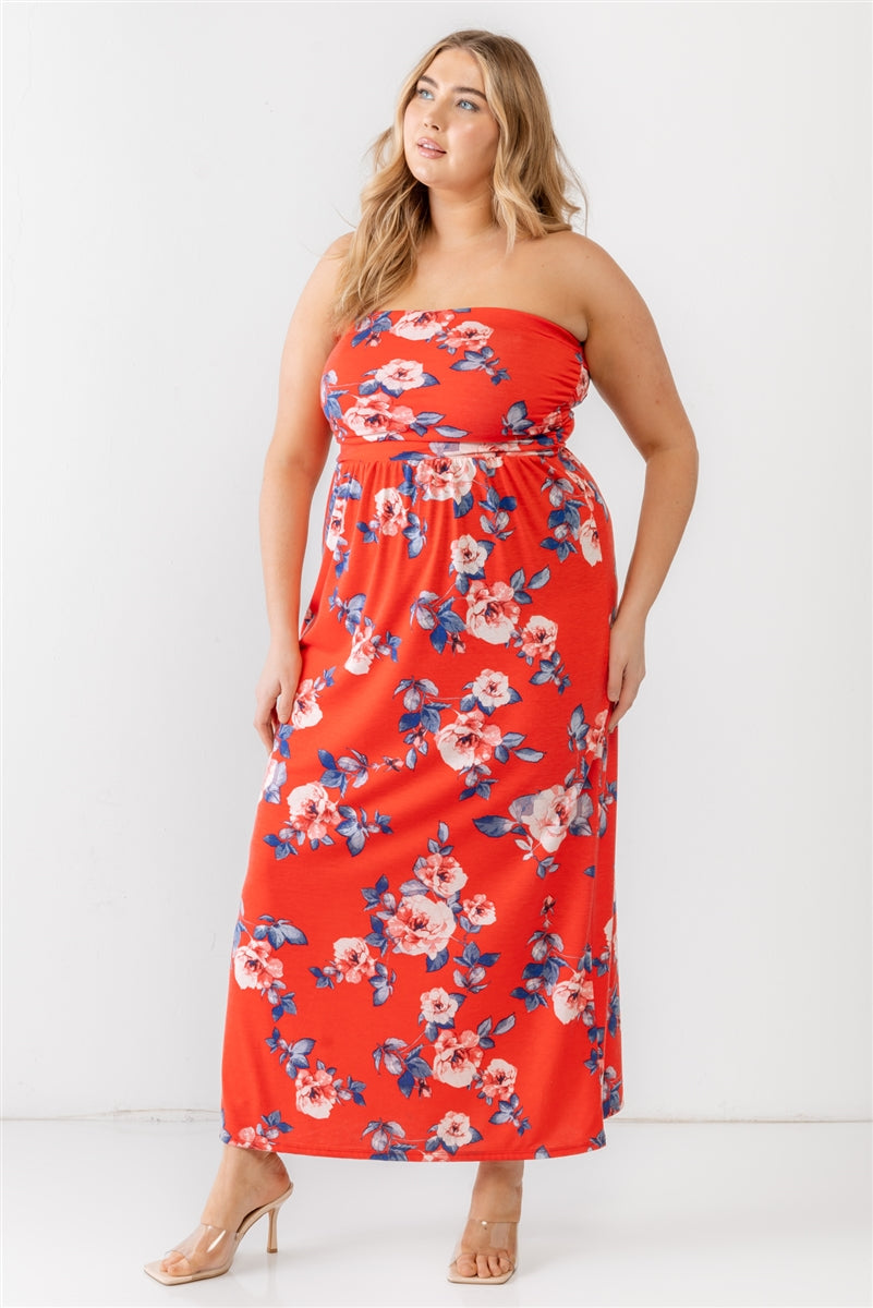Women's Plus Red Rose Print Ruched Strapless Midi Dress