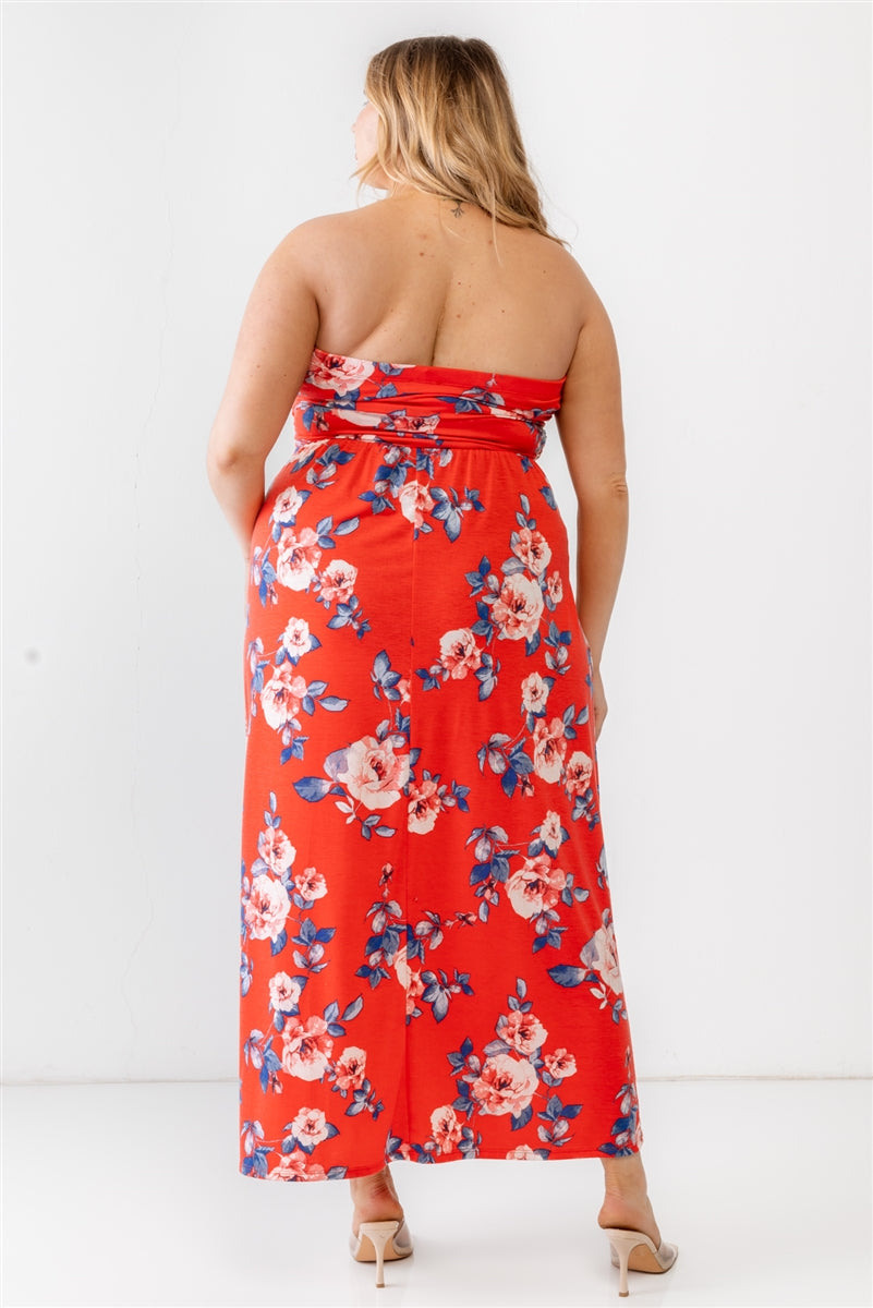 Women's Plus Red Rose Print Ruched Strapless Midi Dress