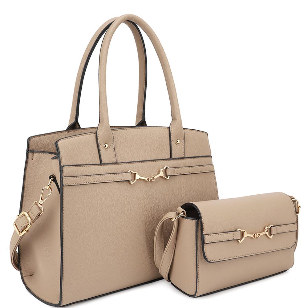 Women's 2 in 1 Matching Design Handle Satchel With Crossbody Bag