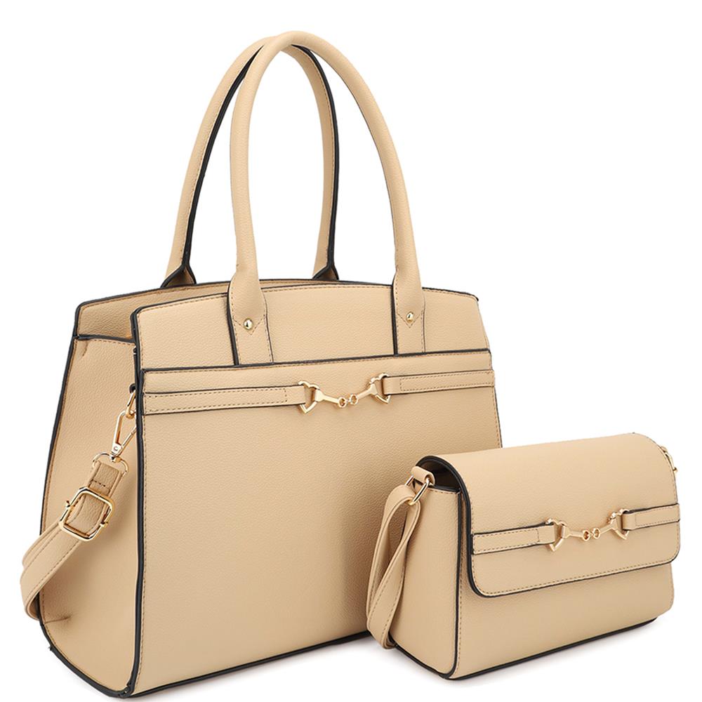 Women's 2 in 1 Matching Design Handle Satchel With Crossbody Bag